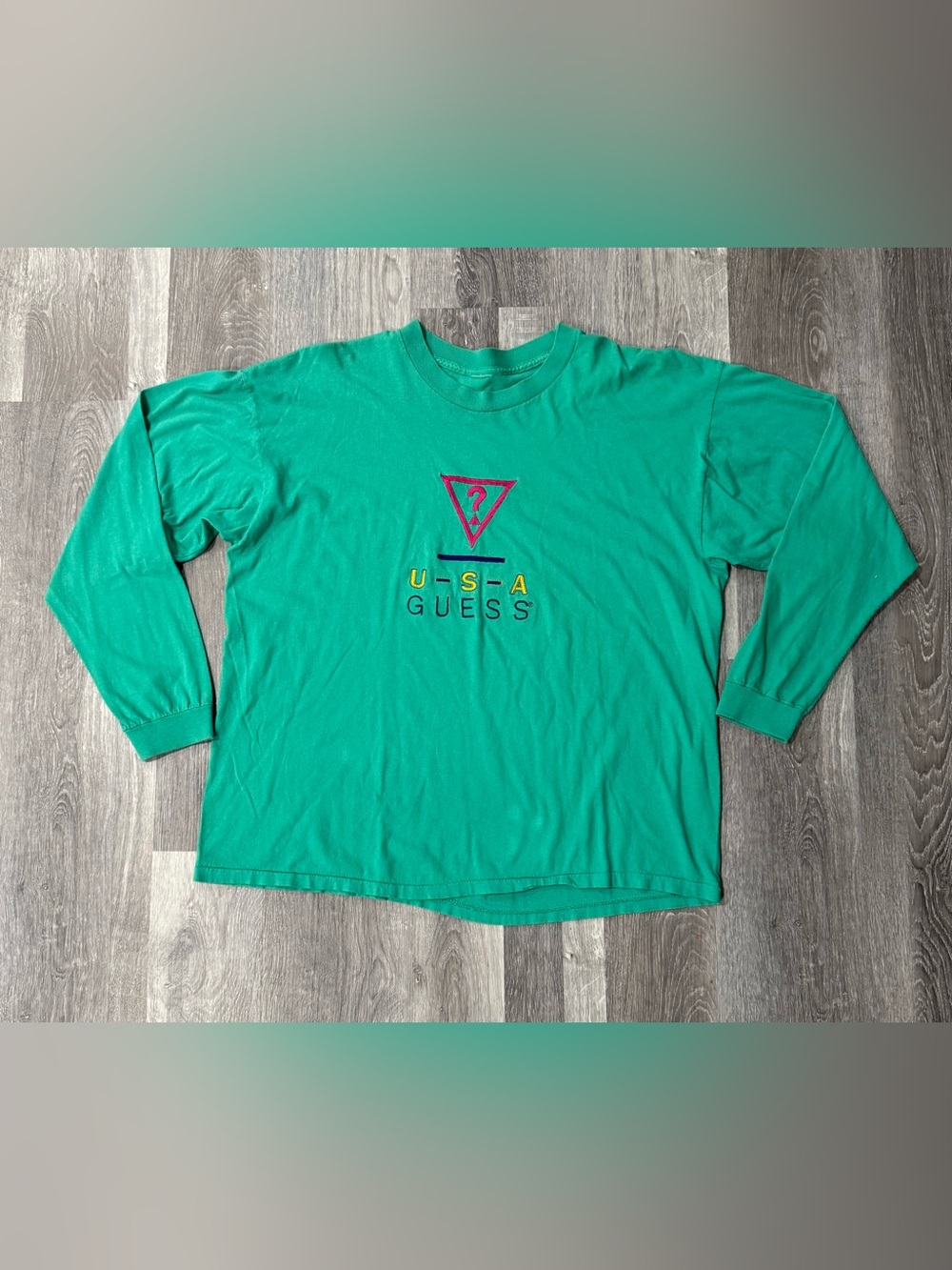 Vintage 90’s Authentic Guess USA Embroidered Teal Long Sleeve Triangle Logo Tee